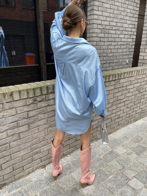 Glamorous Pale-Blue Satin Shirt-Dress
