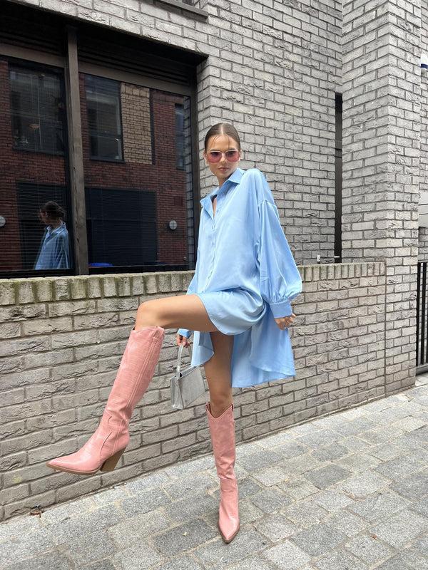 Glamorous Pale-Blue Satin Shirt-Dress