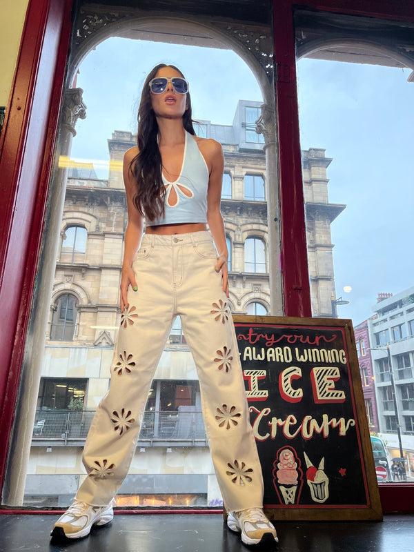 Glamorous Pale-Blue White Keyhole Halterneck Top