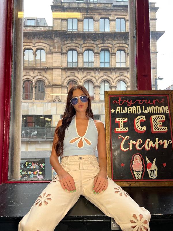 glamorous Pale-Blue White Keyhole Halterneck Top