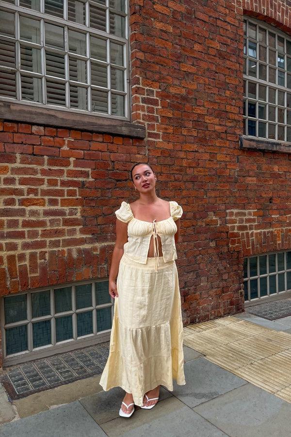 glamorous Pale-Lemon Tiered Maxi-Skirt