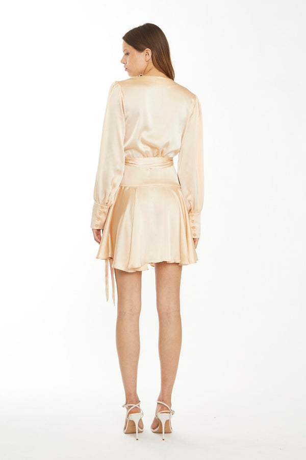 Glamorous Peach Champagne Satin Wrap Mini-Dress