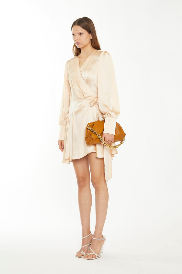 Glamorous Peach Champagne Satin Wrap Mini-Dress