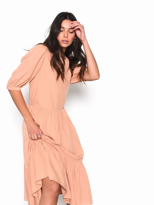 Glamorous Peach Long Sleeve Puff Midi Dress