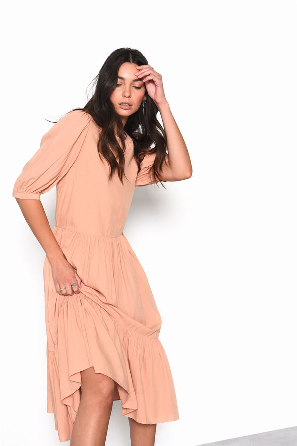 Glamorous Peach Long Sleeve Puff Midi Dress