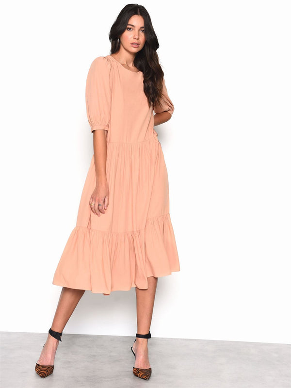glamorous Peach Long Sleeve Puff Midi Dress