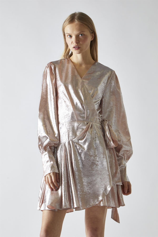Glamorous Peach-Metallic Wrap Mini-Dress