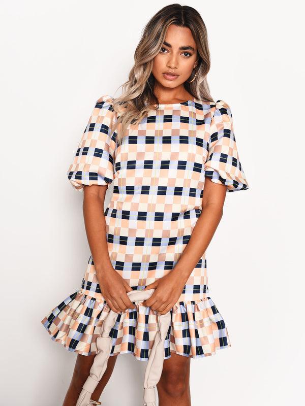 Glamorous Peach Multi Check Ruffle Hem Mini Dress