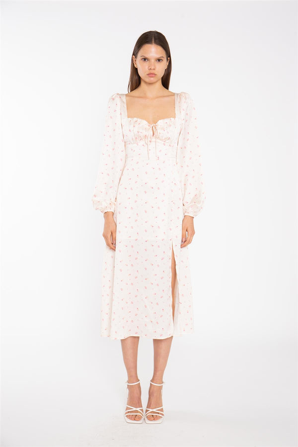 glamorous Peach-Pink Daisy Milkmaid Midi-Dress