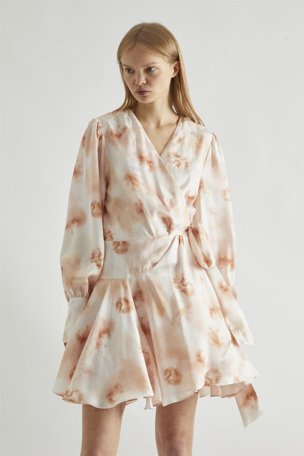 Glamorous Peach-Watercolour Wrap Mini-dress