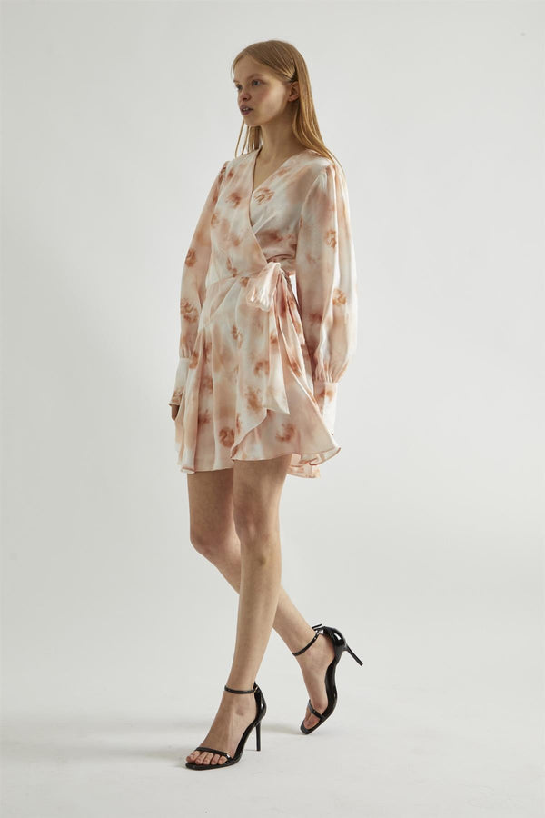 Glamorous Peach-Watercolour Wrap Mini-dress