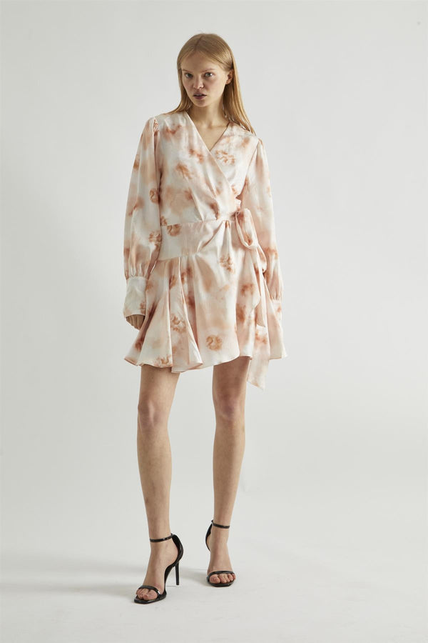 glamorous Peach-Watercolour Wrap Mini-dress