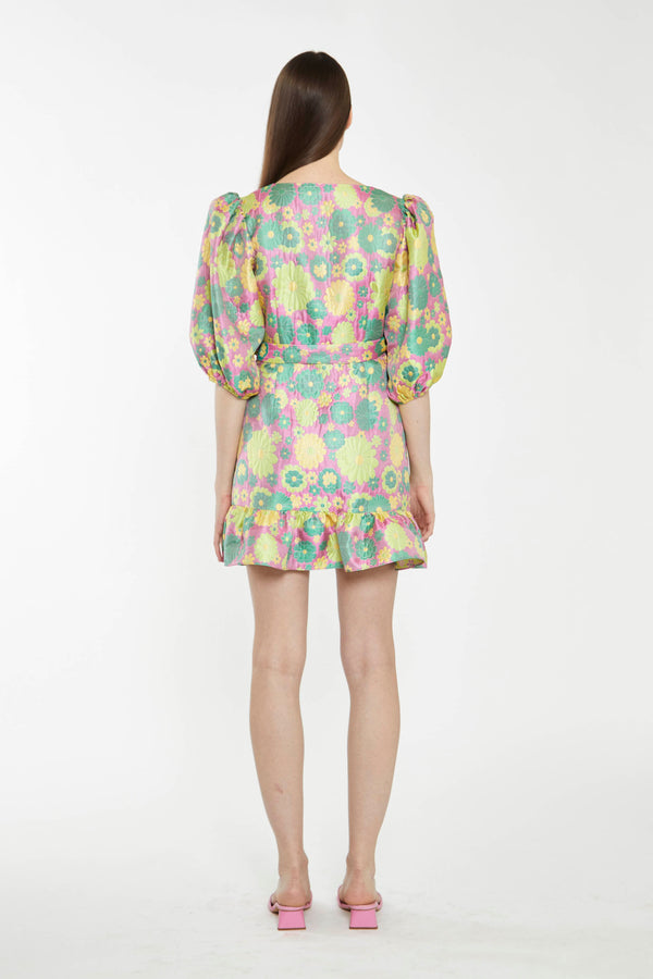 Glamorous Pink-60s-Flower-Jacquard Wrap Mini Dress