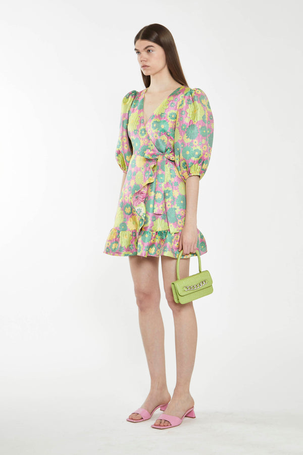 Glamorous Pink-60s-Flower-Jacquard Wrap Mini Dress