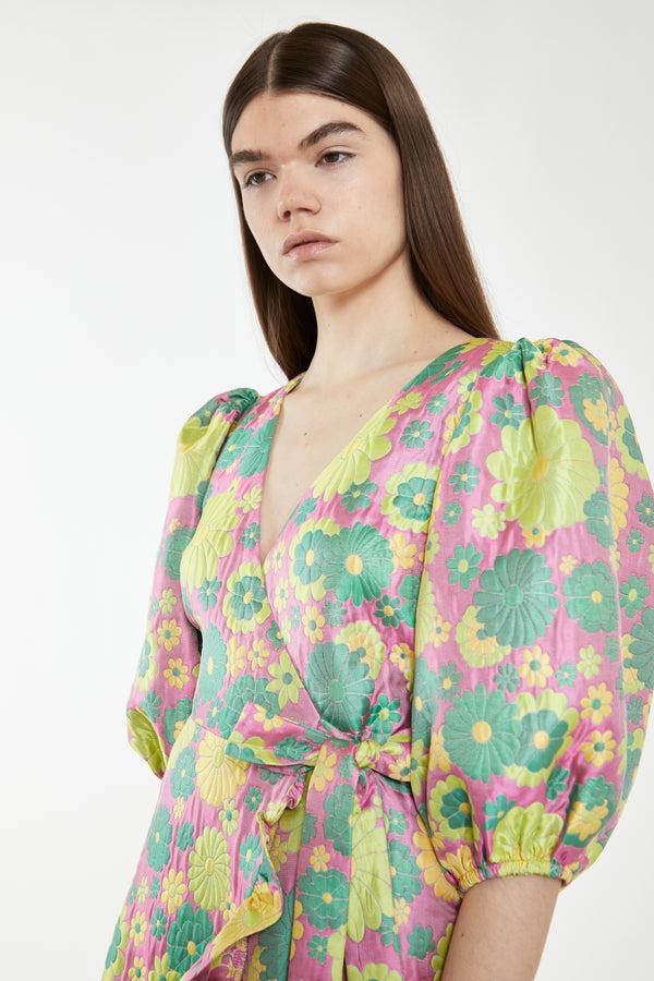 Glamorous Pink-60s-Flower-Jacquard Wrap Mini Dress