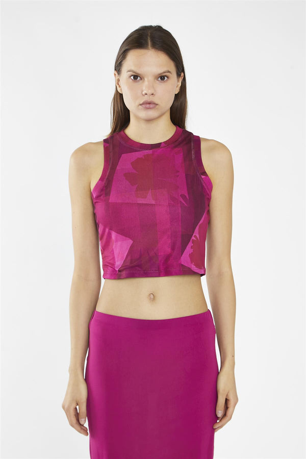 Glamorous Pink-Block Mesh Racerback Crop-Top