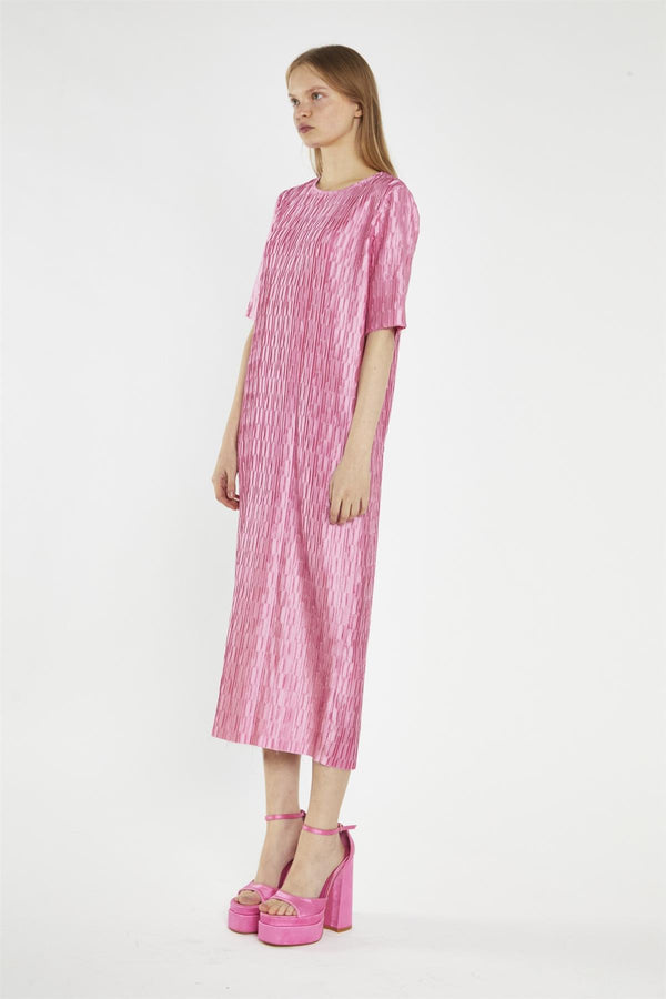 Glamorous Pink Geo-Plisse Midi-Dress