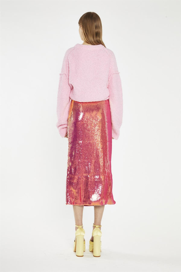 Glamorous Pink-Gold Sequin Side-Split Midi-Skirt
