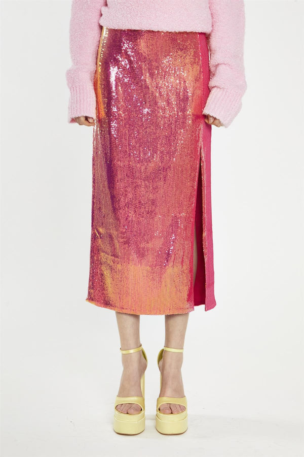 Glamorous Pink-Gold Sequin Side-Split Midi-Skirt