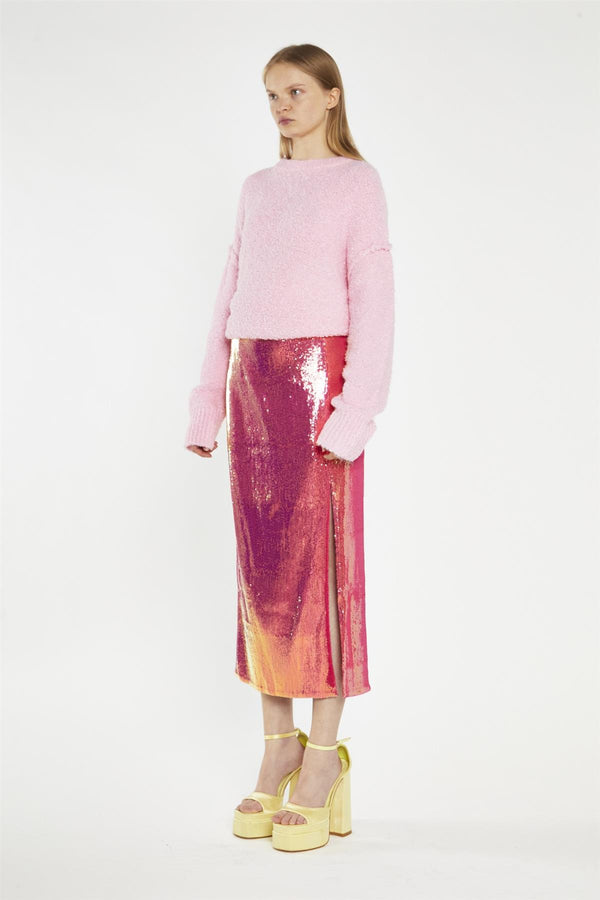 Glamorous Pink-Gold Sequin Side-Split Midi-Skirt