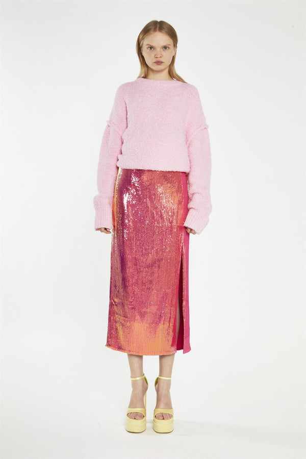 glamorous Pink-Gold Sequin Side-Split Midi-Skirt