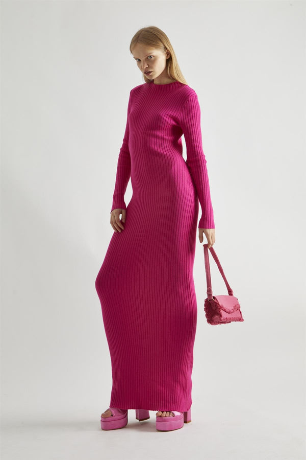 Glamorous Pink High-Neck Rib-Knit Midaxi-dress