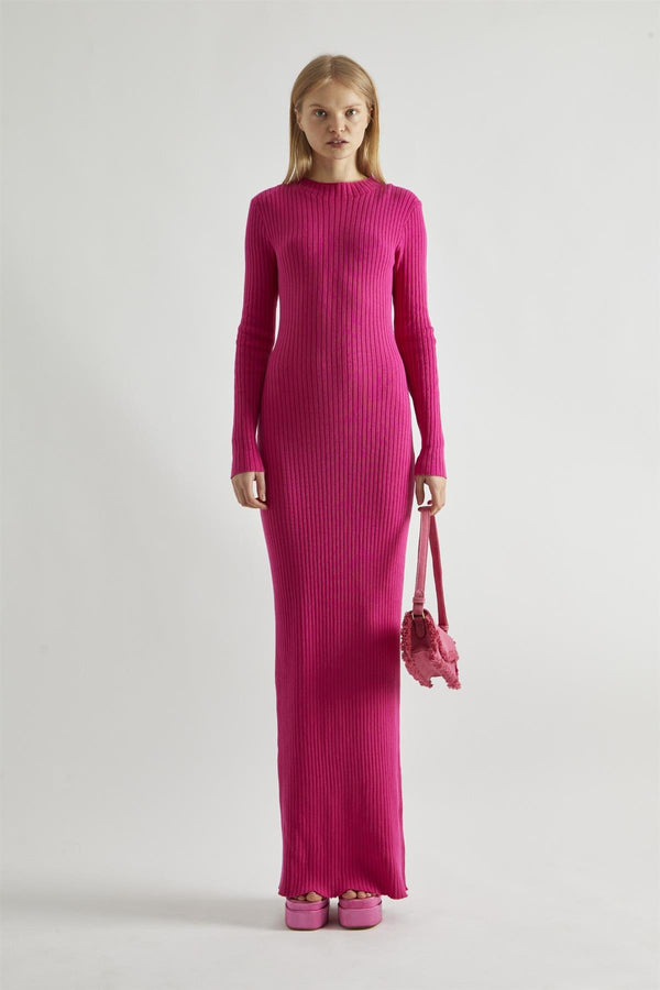 glamorous Pink High-Neck Rib-Knit Midaxi-dress