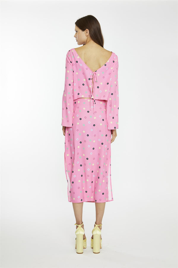 Glamorous Pink Multi-Flower Bias-Cut Midi-Skirt