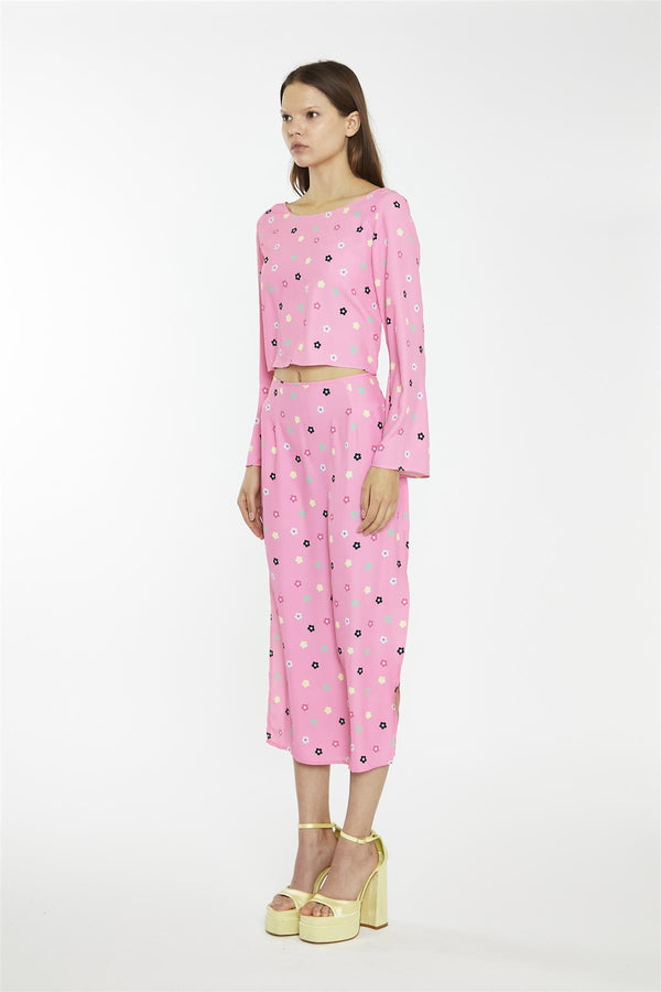 Glamorous Pink Multi-Flower Bias-Cut Midi-Skirt