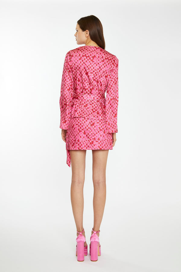 Glamorous Pink Multi-Square Fluted Sleeve Wrap Top