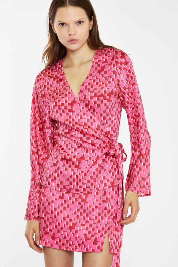 Glamorous Pink Multi-Square Fluted Sleeve Wrap Top