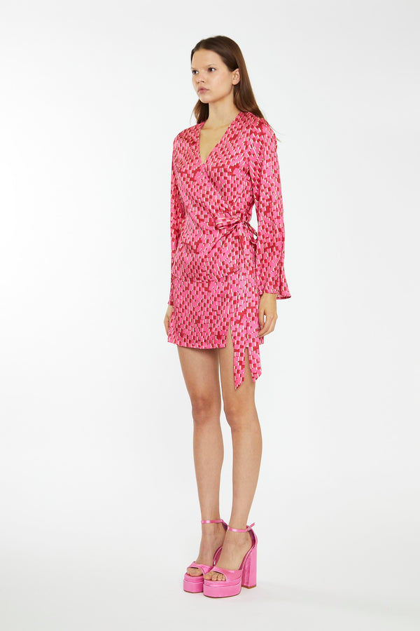 Glamorous Pink Multi-Square Fluted Sleeve Wrap Top