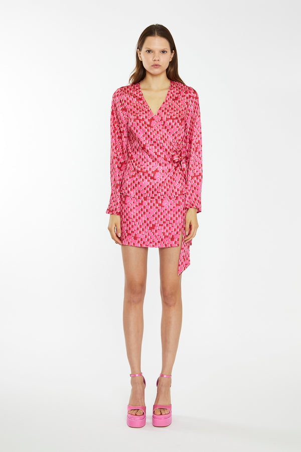 glamorous Pink Multi-Square Fluted Sleeve Wrap Top