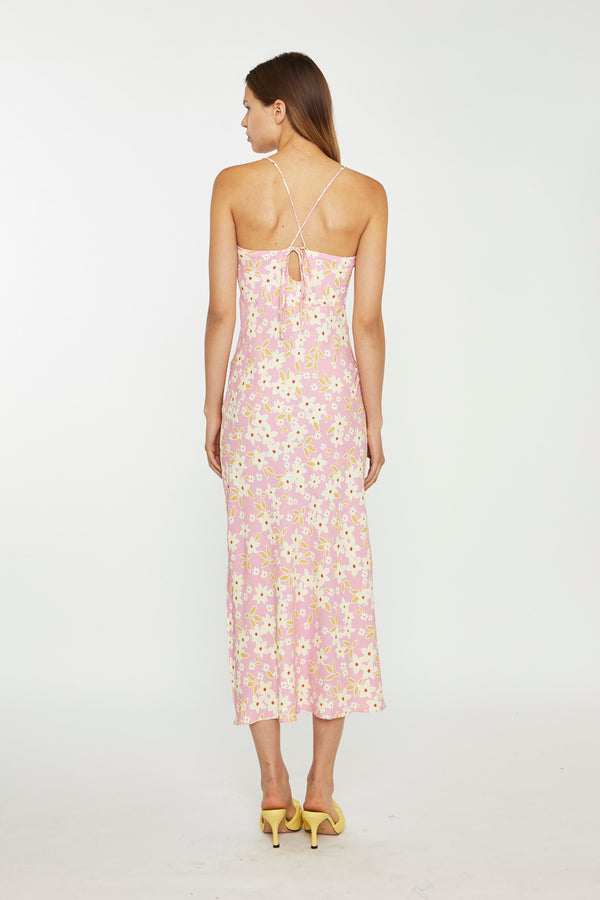 Glamorous Pink-Olive-Yellow-Flower Midi Slip Dress