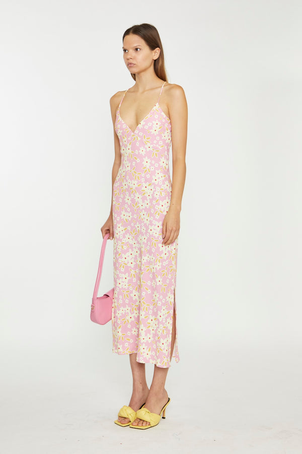 Glamorous Pink-Olive-Yellow-Flower Midi Slip Dress