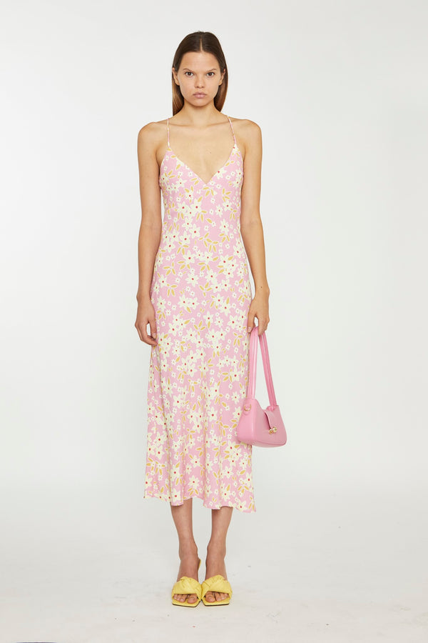 glamorous Pink-Olive-Yellow-Flower Midi Slip Dress