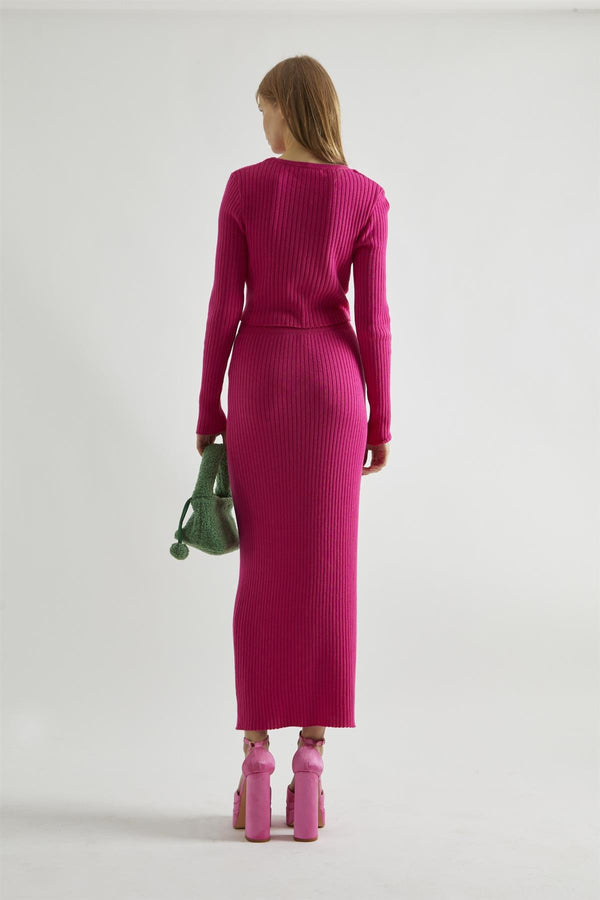Glamorous Pink Rib-Knit Midi-Skirt