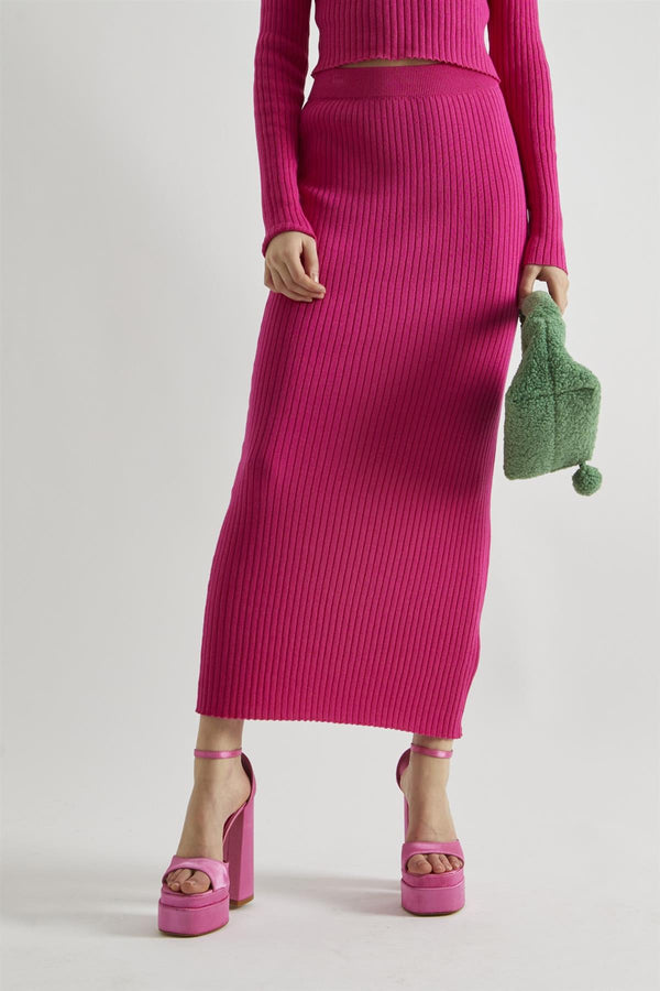 Glamorous Pink Rib-Knit Midi-Skirt