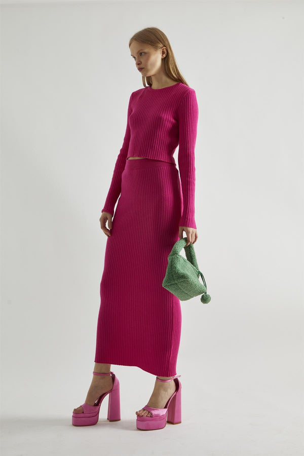 Glamorous Pink Rib-Knit Midi-Skirt