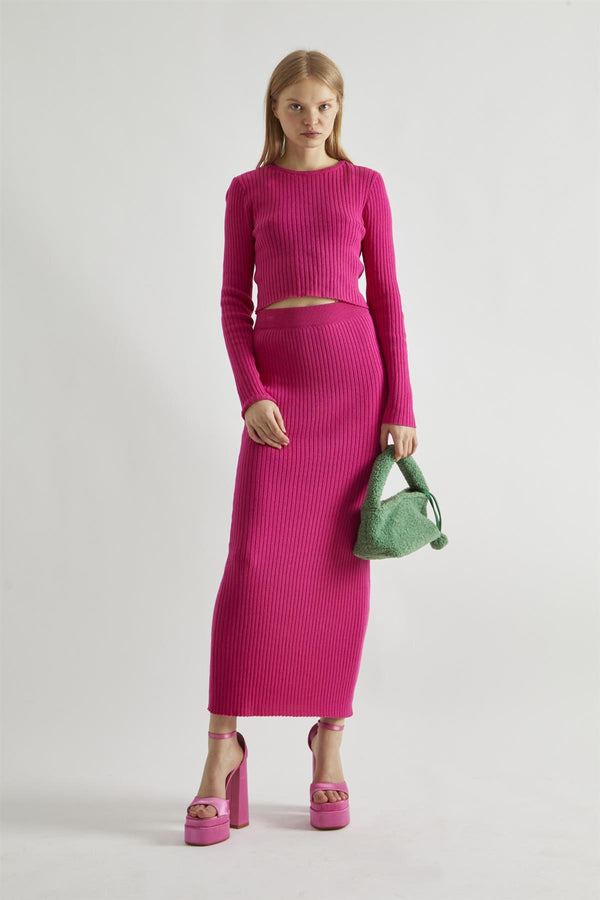 glamorous Pink Rib-Knit Midi-Skirt