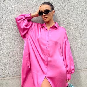 Glamorous Pink Sateen Oversized Mini Shirt-Dress