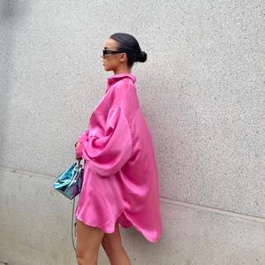 Glamorous Pink Sateen Oversized Mini Shirt-Dress