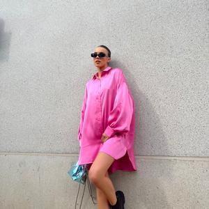 Glamorous Pink Sateen Oversized Mini Shirt-Dress