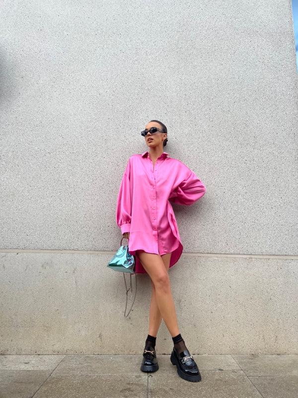 glamorous Pink Sateen Oversized Mini Shirt-Dress