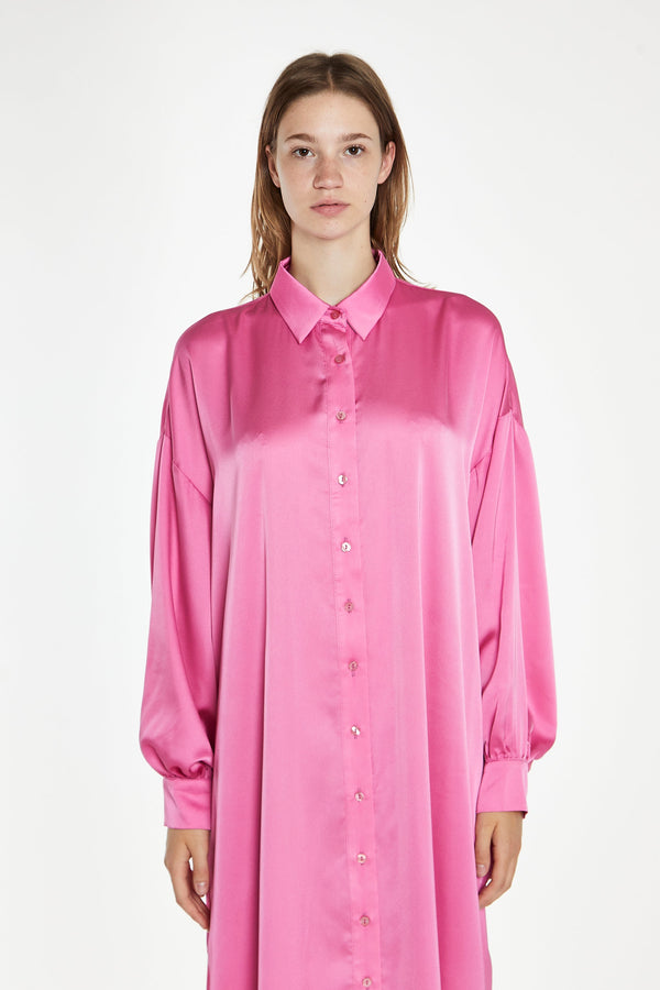Glamorous Pink Satin Oversized Maxi Shirt Dress