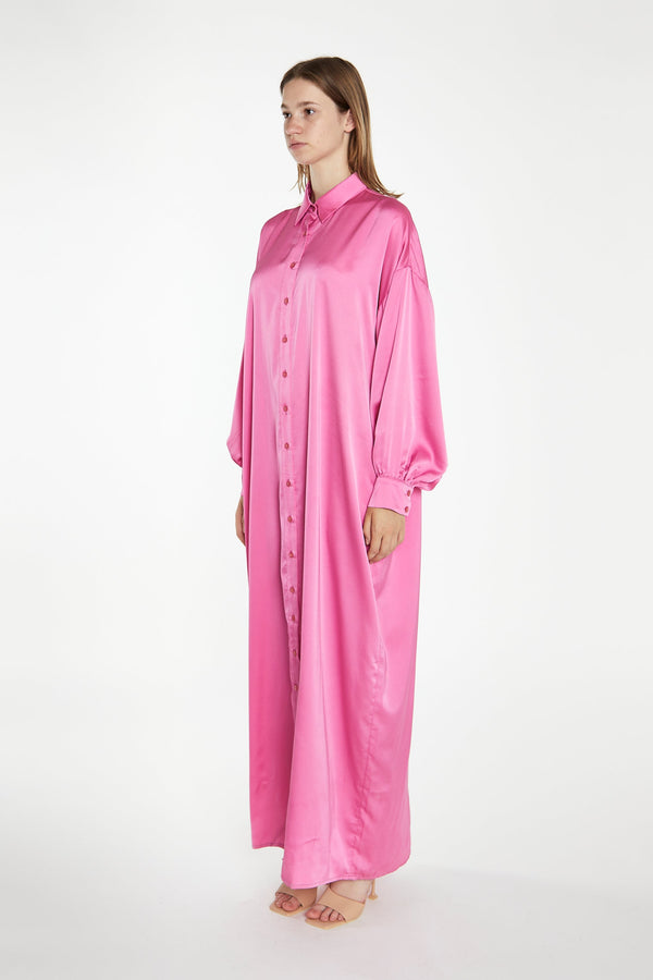 Glamorous Pink Satin Oversized Maxi Shirt Dress