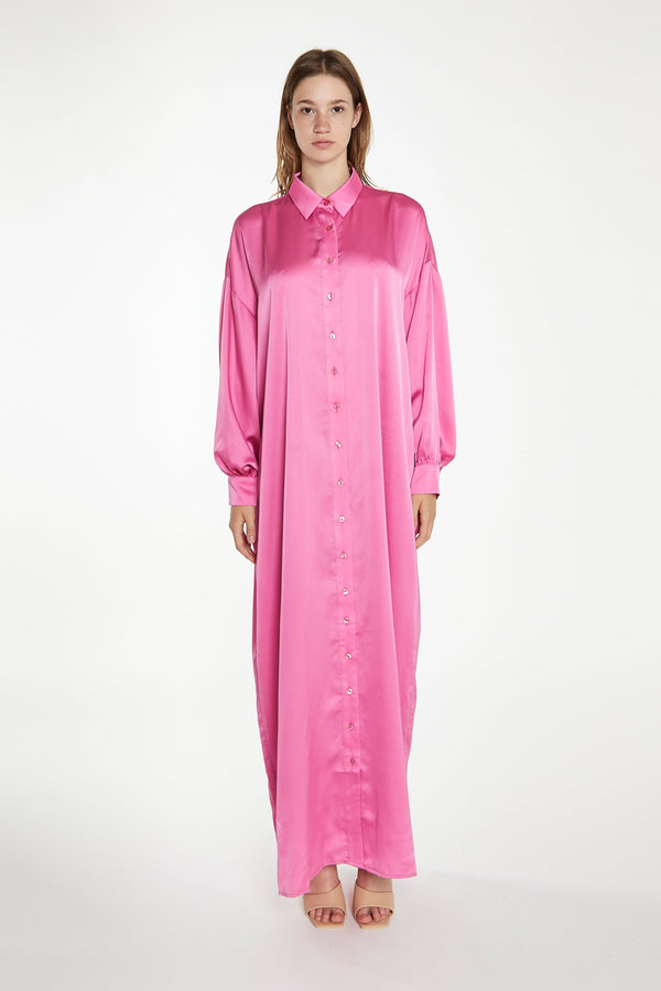 glamorous Pink Satin Oversized Maxi Shirt Dress