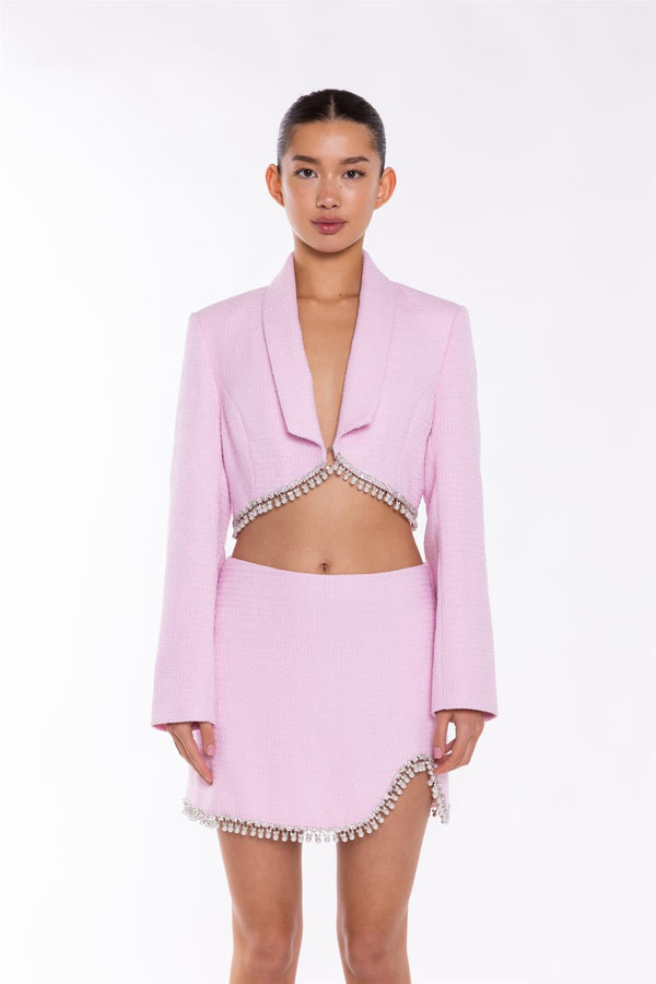 Glamorous Pink-Tweed Diamante Trim Crop-Blazer