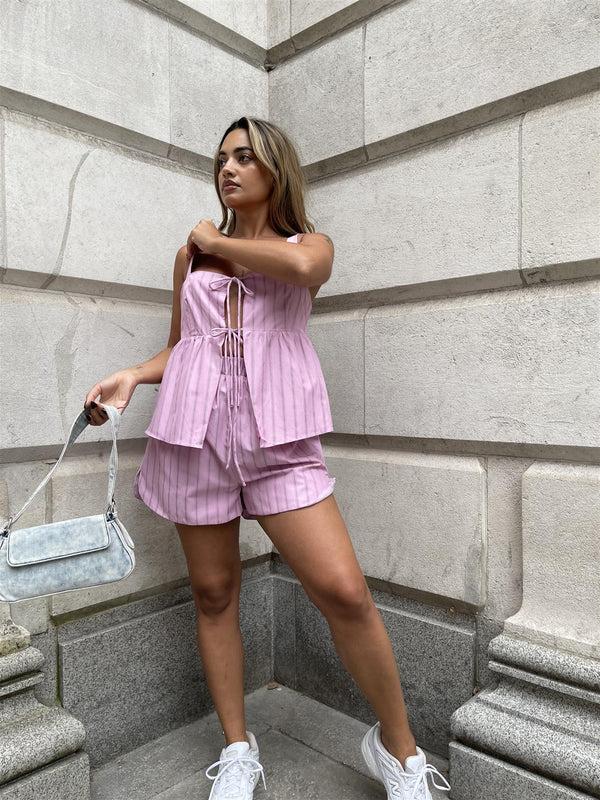 Glamorous Pink Vertical-Stripe Side Split Shorts