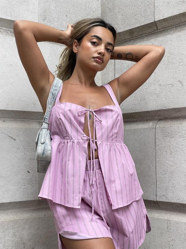 glamorous Pink Vertical-Stripe Side Split Shorts